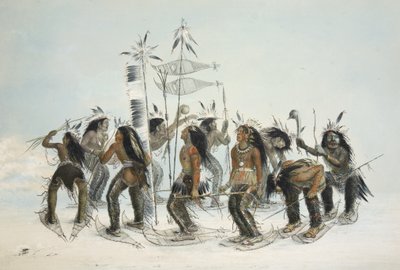 Der Schneeschuhtanz, aus Catlins Nordamerikanisches Indianer-Portfolio. Jagdszenen und Vergnügungen der Rocky Mountains und Prärien Amerikas, veröffentlicht 1845 von George Catlin